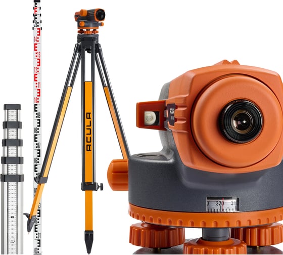 Высокоточный нивелир ACULA Профессиональный комплект, Hight-класса со светосильной оптикой NIVEX H-38 (кратн.х38; точн.±1.0 мм/км; объектив 42 мм)+ Штатив Geo 12-S (высота 99-173 см, фикс. ножек на винтах, резьба 5/8) +Рейка TLS 5 (5м) LA00183 1