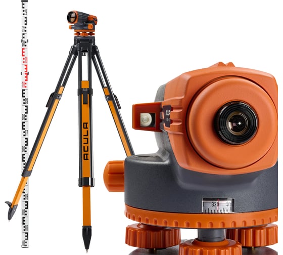 Высокоточный нивелир ACULA Профессиональный комплект, Hight-класса со светосильной оптикой NIVEX H-40 (кратн.х40; точн.±1.0 мм/км; объектив 42 мм)+ Штатив Geo 12 (высота 99-173 см, фикс. ножек на клипсах, резьба 5/8) + Рейка TLS 3 (3м) LA00188 1