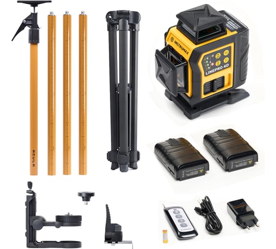 Комплект профессионального лазерного уровня INSTRUMAX LINEPRO 4D BAZA Set+Штанга для лазерного уровня с треногой ACULA STAND 3200 OPTIMA SET (макс. высота 3,2 м, магнит. крепление, резьба 1/4, 5/8, микролифт, плавный поворот) (2 АКБ, пульт ду) IM0238