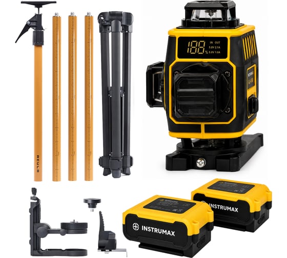 Профессиональный комплект INSTRUMAX Лазерный уровень GL 4-360 BAZA SET+Штанга для лазерного уровня с треногой ACULA STAND 3200 OPTIMA SET (макс. высота 3,2 м, магнит. крепление, резьба 1/4, 5/8, микролифт, плавный поворот) (2 АКБ, пульт ду) IM0240