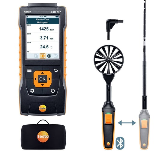 440dP. Комплект для вентиляции № 1 с Bluetooth крыльчаткой 100мм (0635 9431), зондом с обогреваемой струной (0635 1570), телескоп. рукояткой (0554 0960) и кейсом Testo (0563 4409