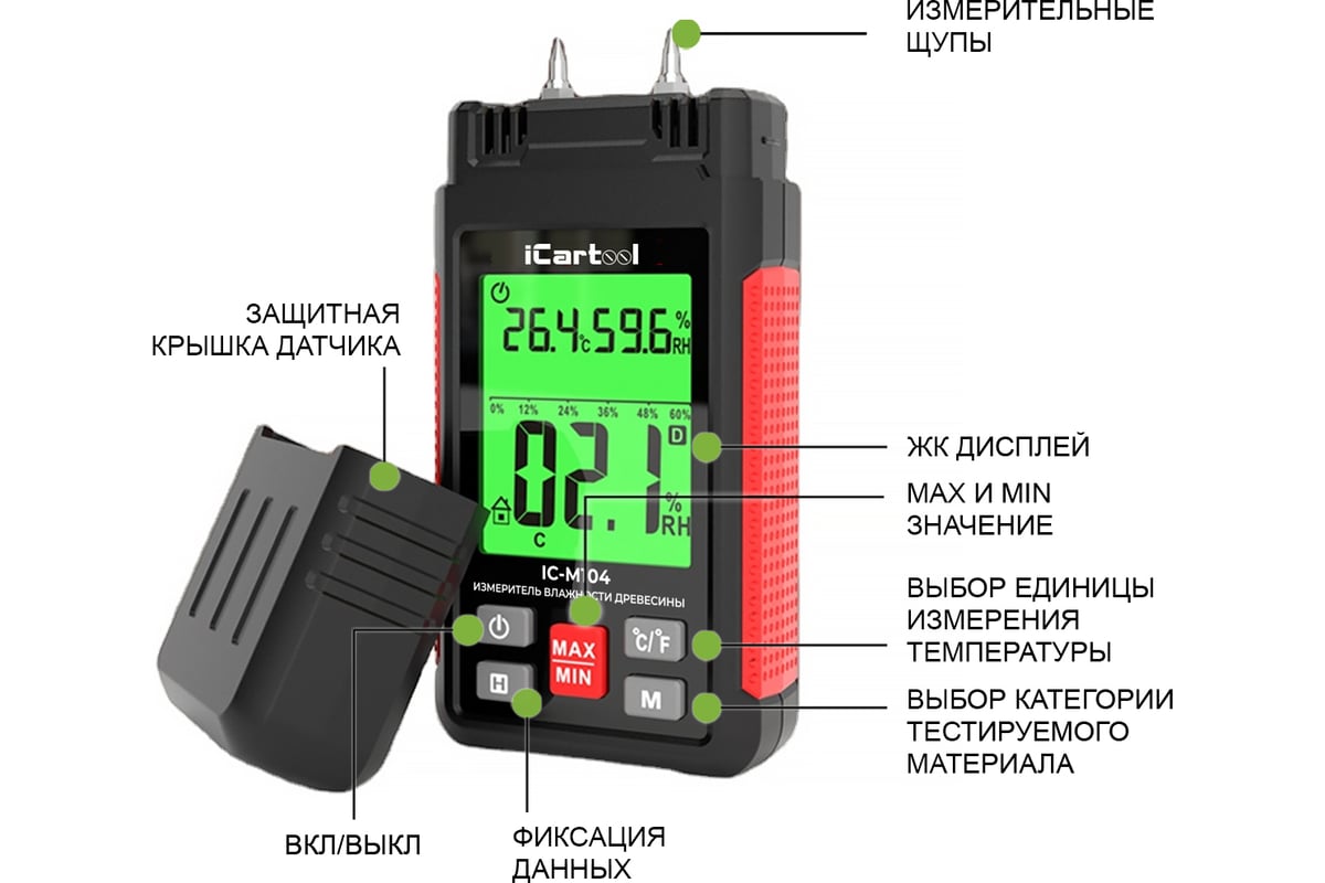 Измеритель влажности древесины iCarTool IC-M104 - выгодная цена, отзывы,  характеристики, 1 видео, фото - купить в Москве и РФ