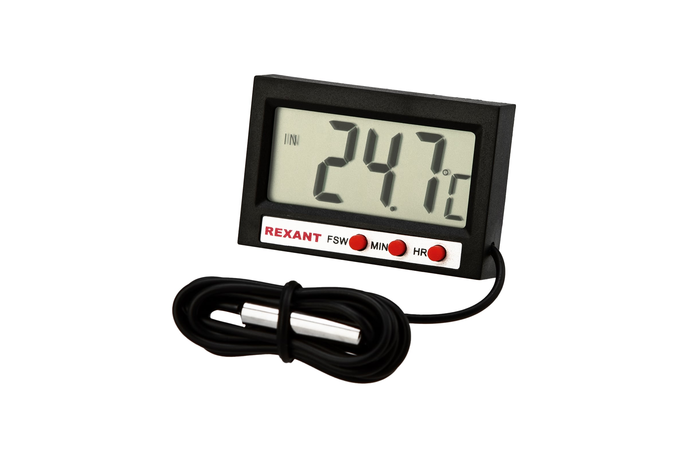 Электронныйкомнатно-уличныйтермометрсчасамиивыноснымдатчикомREXANT70-0505