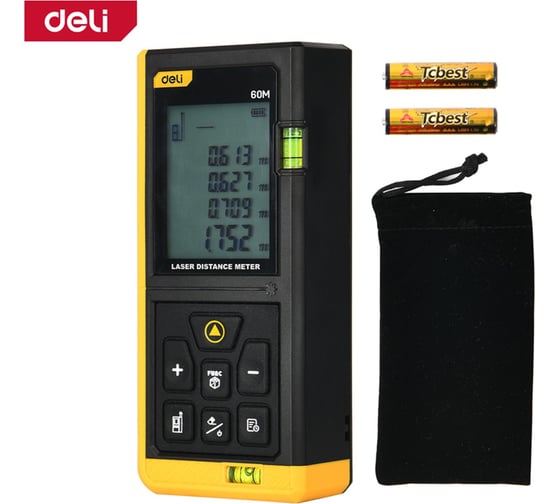 Лазерный дальномер DELI DL4168, диапазон измерения 0,05-60 м, точность ±3 мм, дисплей 1,7 дюйма, автоматическое отключение 102961