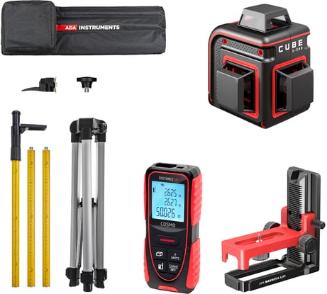 Комплект ADA лазерный уровень CUBE 3-360, дальномер Cosmo 50, элевационный штатив-штанга А00696