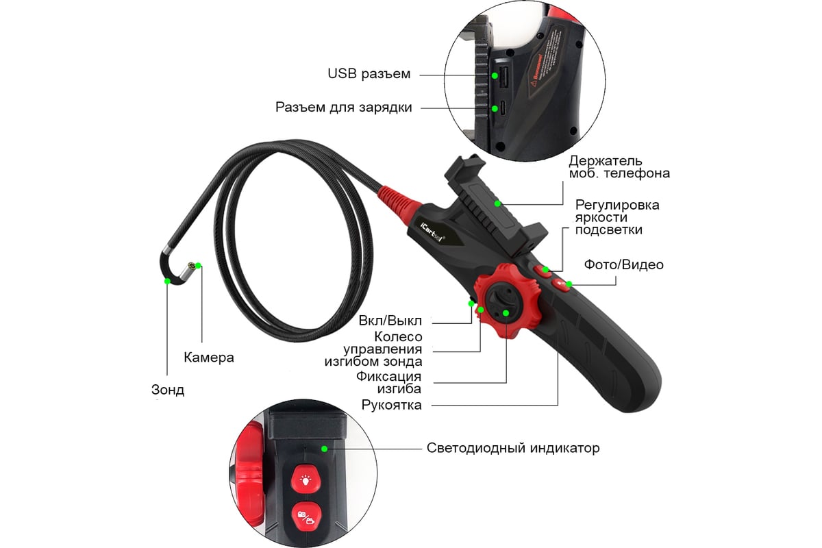 Управляемый видеоэндоскоп iCarTool USB, 2 Мп, 1920x1080, 1 м, 6 мм, 360  IC-V200 - выгодная цена, отзывы, характеристики, 1 видео, фото - купить в  Москве и РФ