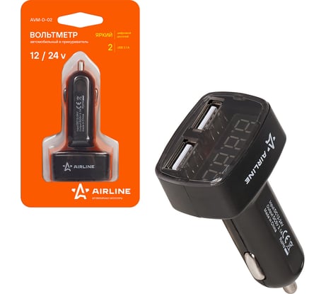 Вольтметр Airline + 2USB 3.1A в прикуриватель AVM-D-02