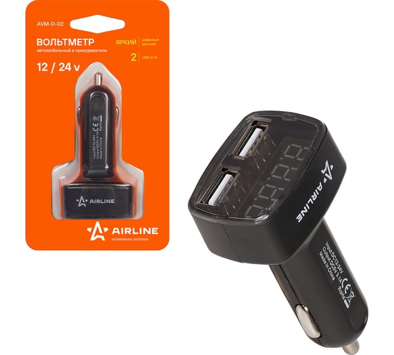 Вольтметр Airline + 2USB 3.1A в прикуриватель AVM-D-02