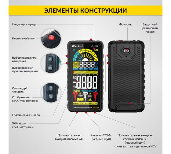 Цифровой смарт мультиметр iCarTool CATIII 600V, TrueRMS, AD/DC IC-M117