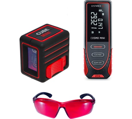 Комплект-5 ADA: лазерный уровень Cube MINI Professional Edition + дальномер Cosmo MINI + очки VISOR RED Laser Glasses А00551