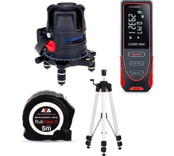 Комплект-3 ADA: лазерный уровень PROLiner 4V + дальномер Cosmo MINI + штатив Elevation 16B + рулетка RubTape 5 А00549 1