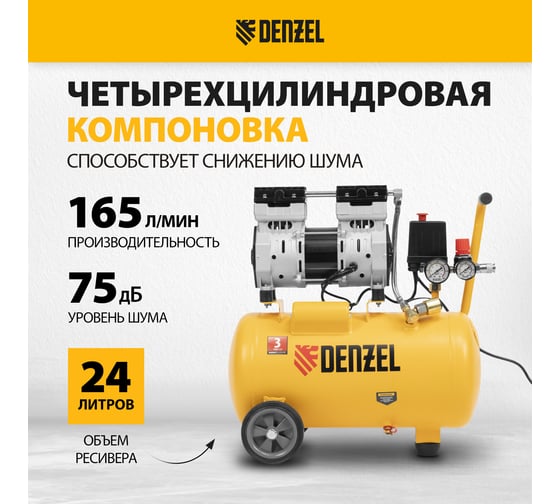 Безмасляный компрессор DENZEL DLS950/24 950 Вт, 165 л/мин, ресивер 24 л 58026
