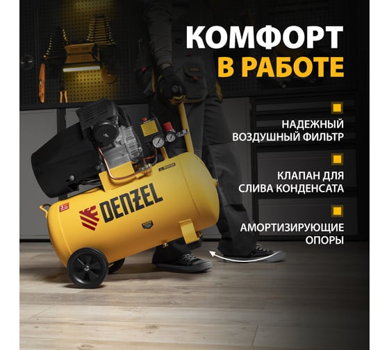 Воздушный компрессор Denzel прямой привод, dcv1800/50, 1,8 квт, 50 литров, 320 л/мин 58168