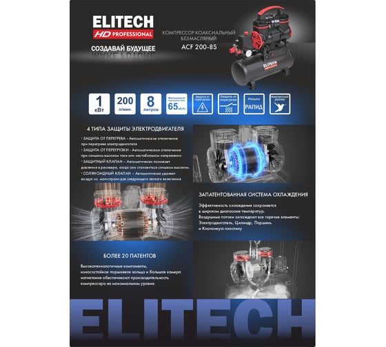 Компрессор безмасляный малошумный Elitech ACF 200-8S 204538