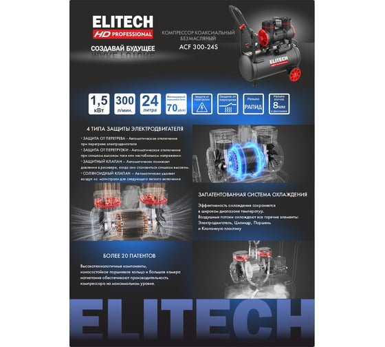 Компрессор безмасляный малошумный Elitech ACF 300-24S 204539
