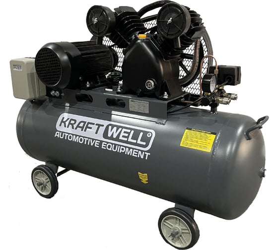 Поршневой компрессор KraftWell 420 л/мин, 10 бар, 100 л, 380В, сеть 380 В, произв-ть 420 л/мин, объем ресивера 100 л, в комплекте KRW-AC420-100L