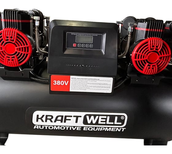 Поршневой безмасляный компрессор KraftWell 1000 л/мин, 10 бар, 120 л, 380 В, сеть 380 В, произв-ть 1000 л/мин, объем ресивера 120 л, в комплекте KRW-AC1000-120L