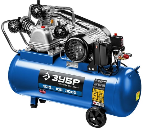 Ременной воздушный компрессор ЗУБР Профессионал, 380 В, 530 л/мин, 100 л ресивер, 3000 Вт, КПМ-530-100