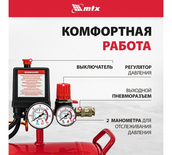 Воздушный компрессор MTX ременной привод кр2500/80, 2,5 квт, 80 литров, 420 л/мин 58022
