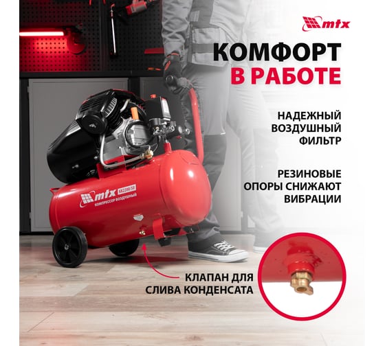 Воздушный компрессор MTX кк-2200/50, 2,2 квт, 350 л/мин, 50 л, прямой привод, масляный 58024