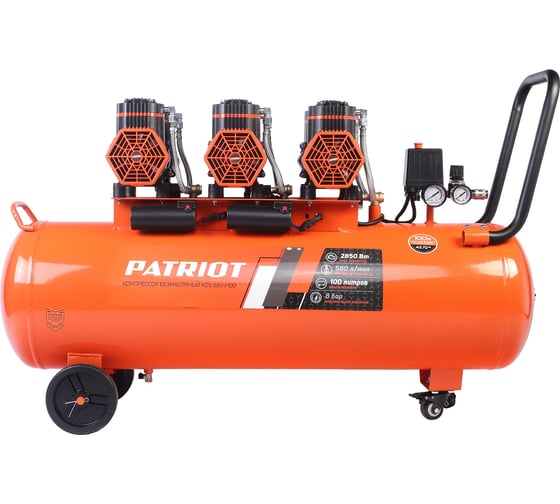 Компрессор поршневой безмасляный Patriot KDS 580 F100 (580 л/мин, 2.85 кВт, 8 бар, 100 л, 2800 об/мин, быстросъем + елочка) 526302499