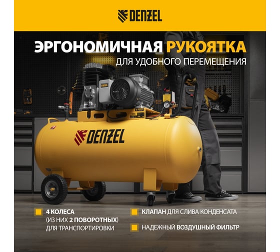 Воздушный компрессор DENZEL ременной привод BCI3000-T/200, 3,0 кВт, 200 литров, 530 л/мин 58119