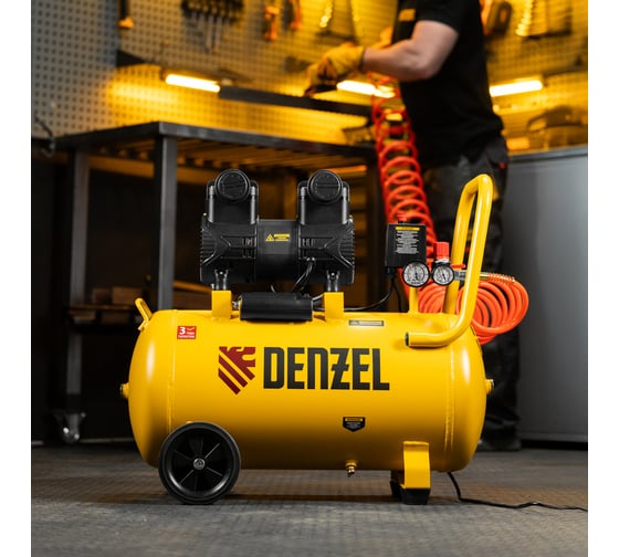 Компрессор безмасл. малошумный Denzel DLP-1500/50, 1,5 кВт,50 л, 2850 об/мин, 250 л/мин 58143