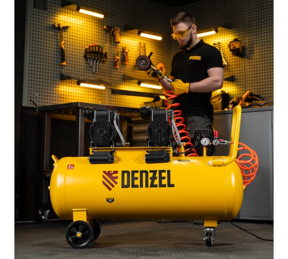 Компрессор безмасл. малошумный Denzel DLP-3000/100, 3 кВт, 2x1,5 кВт,100 л, 2850 об/мин,500 л/мин 58145