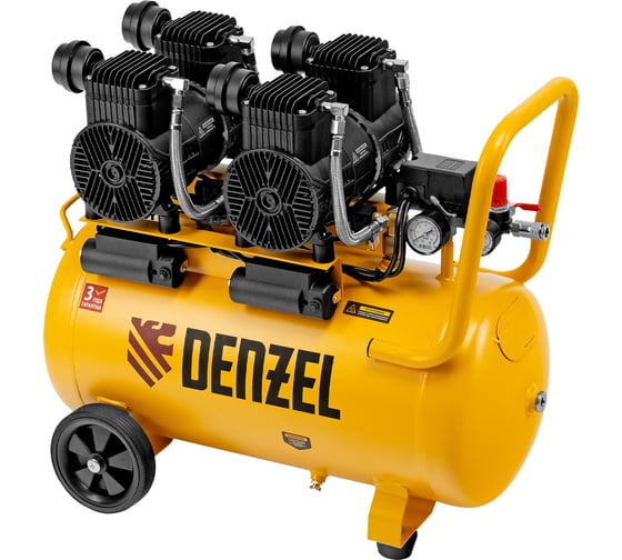 Компрессор безмасл. малошумный Denzel DLP -3000/50, 3 кВт, 2x1,5 кВт,50 л, 2850 об/мин,500 л/мин 58144
