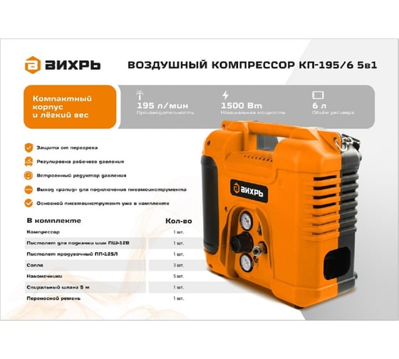 Компрессор Вихрь КП-195/6 5в1 74/3/90