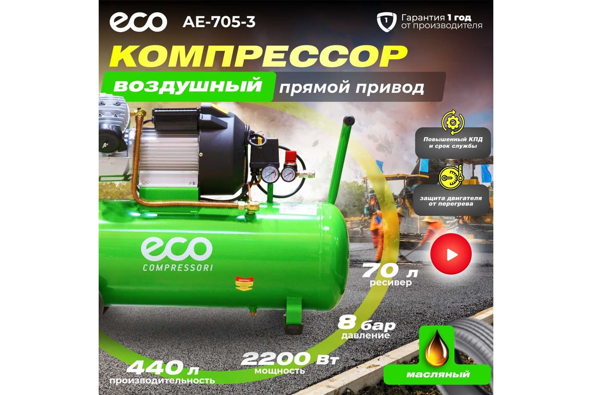 Компрессор ECO AE-705-3 - выгодная цена, отзывы, характеристики, 1 видео,  фото - купить в Москве и РФ