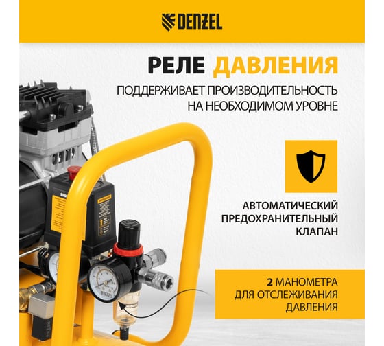 Безмаслянный малошумный компрессор Denzel DLS 1500/50, 1500 Вт, 2x750, 50 л, 260 л/мин 58027