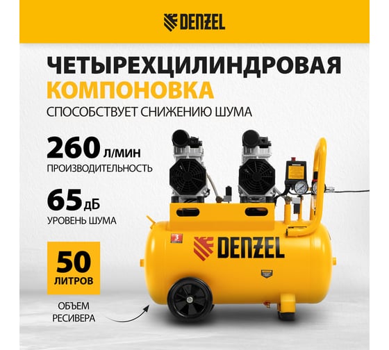 Безмаслянный малошумный компрессор Denzel DLS 1500/50, 1500 Вт, 2x750, 50 л, 260 л/мин 58027