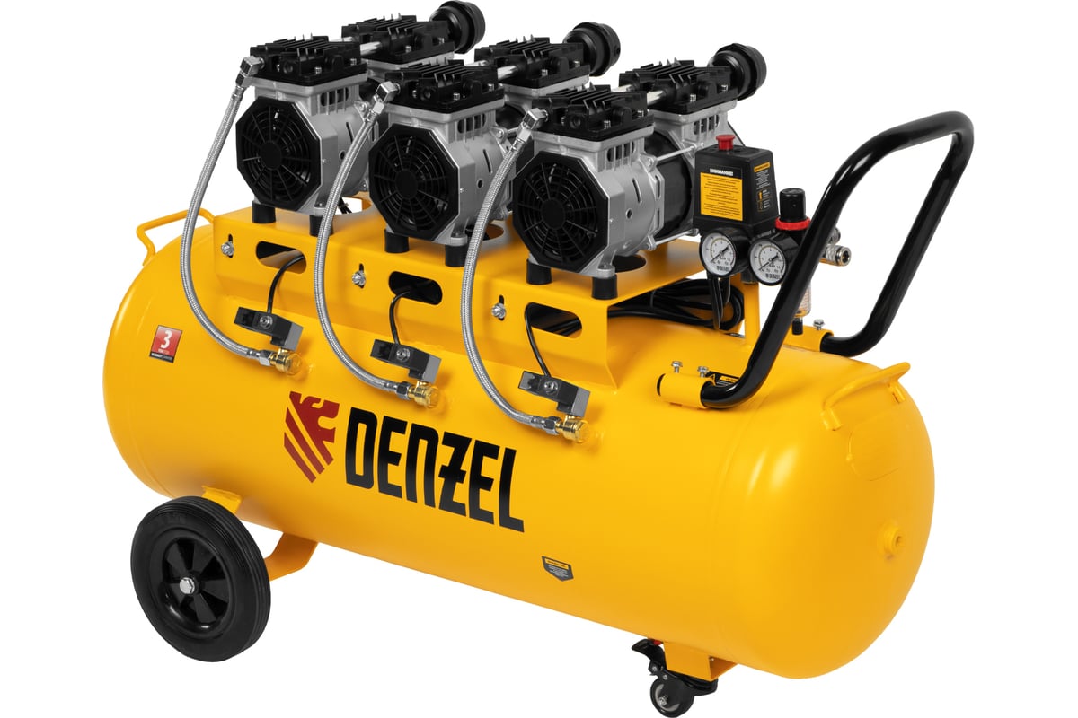Безмаслянный малошумный компрессор Denzel DLS 1800/100,1800 Вт, 3x600 ...