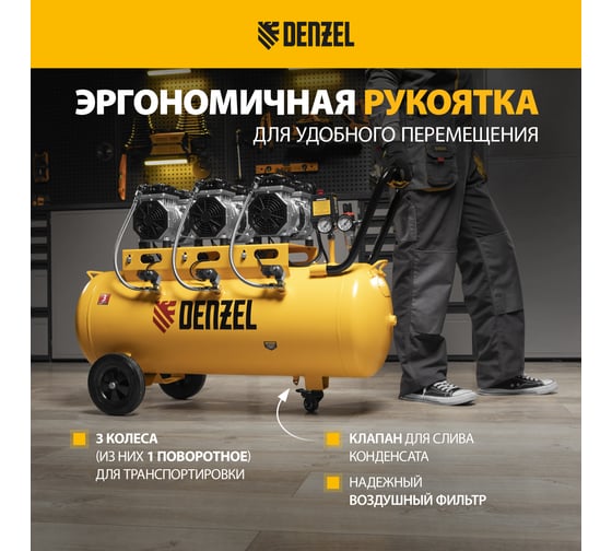 Безмаслянный малошумный компрессор Denzel DLS 1800/100,1800 Вт, 3x600, 100 л, 345 л/мин 58028
