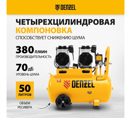 Безмаслянный малошумный компрессор Denzel DLS 2200/50, 2200 Вт, 2x1100, 50 л, 380 л/мин 58031