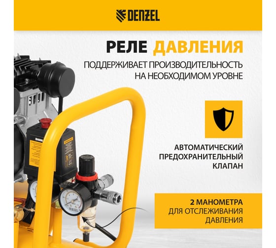 Безмаслянный малошумный компрессор Denzel DLS 2200/50, 2200 Вт, 2x1100, 50 л, 380 л/мин 58031