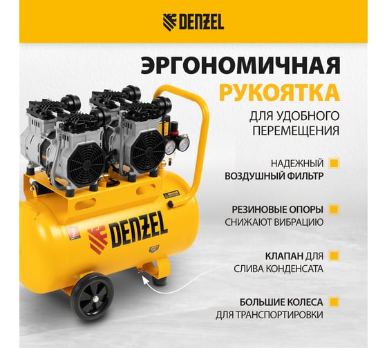 Безмаслянный малошумный компрессор Denzel DLS 2200/50, 2200 Вт, 2x1100, 50 л, 380 л/мин 58031