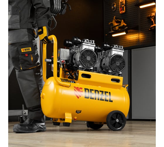 Безмаслянный малошумный компрессор Denzel DLS 2200/50, 2200 Вт, 2x1100, 50 л, 380 л/мин 58031