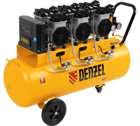 Безмаслянный малошумный компрессор Denzel DLS 3300/100,3300Вт,3x1100,100 л,570 л/мин блок упр 58032