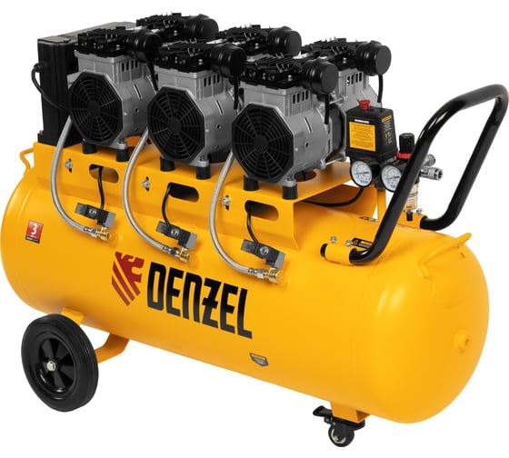Безмаслянный малошумный компрессор Denzel DLS 3300/100,3300Вт,3x1100,100 л,570 л/мин блок упр 58032