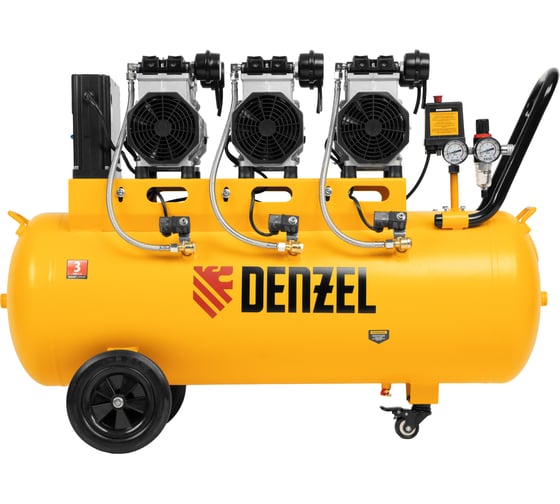 Безмаслянный малошумный компрессор Denzel DLS 3300/100,3300Вт,3x1100,100 л,570 л/мин блок упр 58032