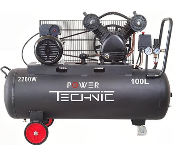 Ременной, масляный компрессор POWER TECHNIC 220В, 2200Вт, 2850 об.мин., 460 л/мин, 100 л, 0-10 бар, выходы 3 шт., фильтр влагоотделитель ACB460/100