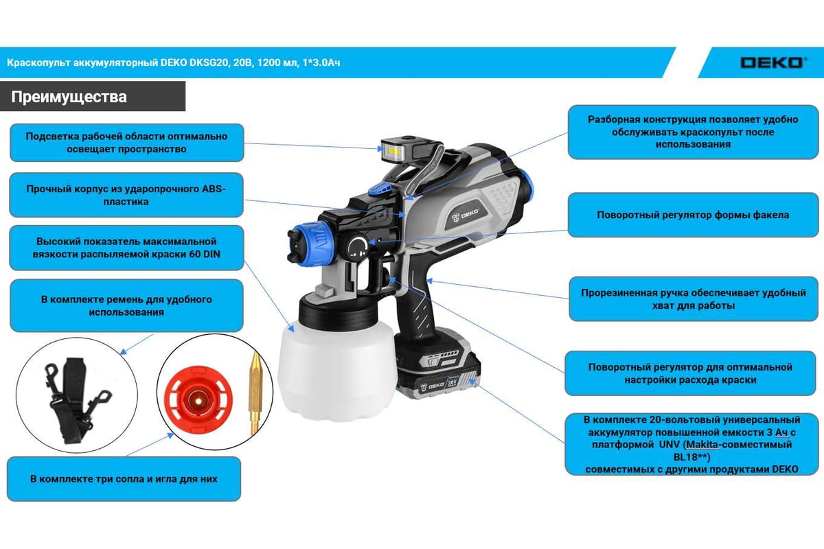 Краскопульт аккумуляторный DEKO DKSG20, 20В, 1200 мл, 1*3.0Ач 085-1002 ...