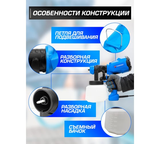 Ручной электрический краскопульт Forsage 230В, 400Вт, объем бачка 1 л, макс.расход краски 800 мл/мин F-SG100-640H(58999)