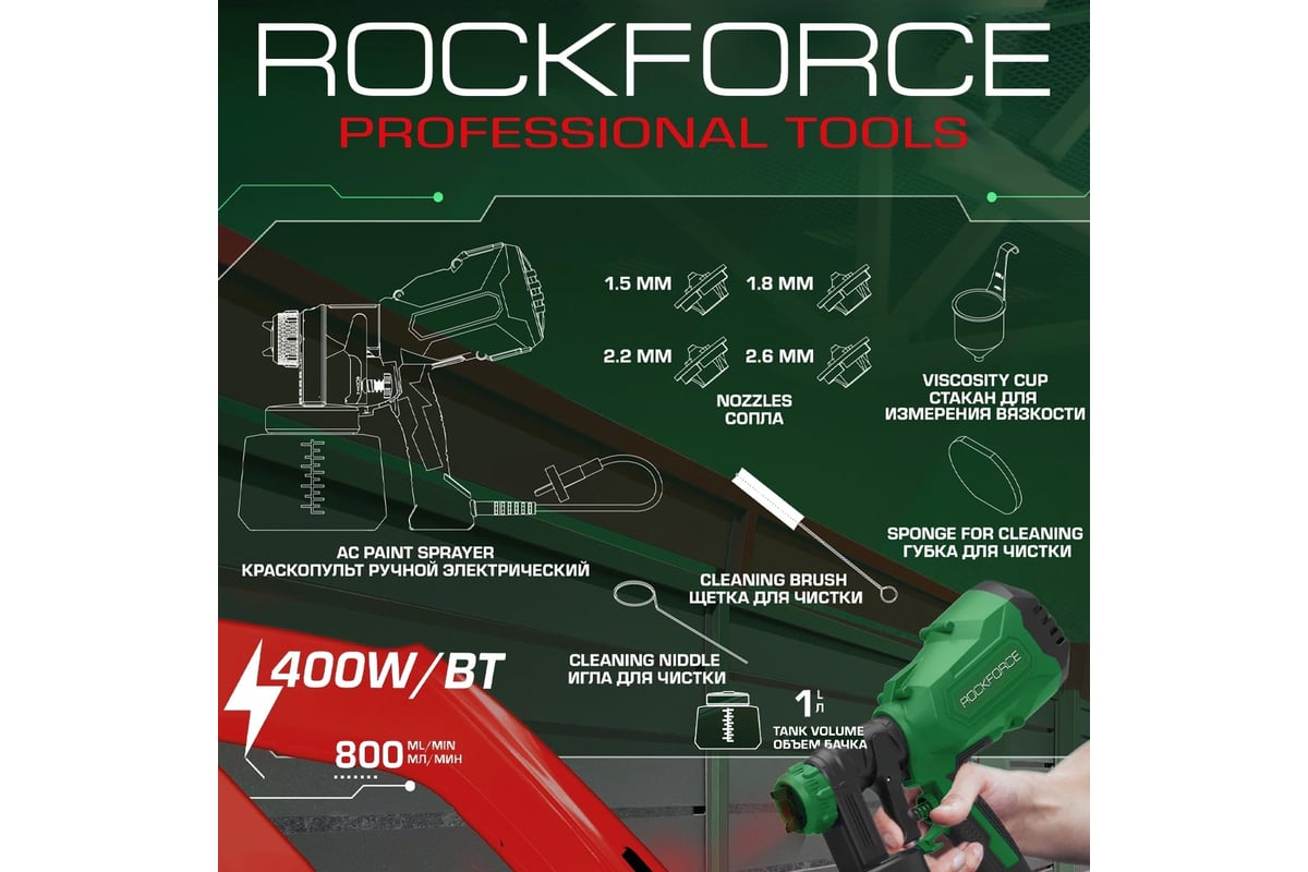 Электрический ручной краскопульт Rockforce 230 В, 400 Вт, объем бачка 1 л,  макс.расход краски 800 мл/мин RF-SG100-640H(59000) - выгодная цена, отзывы,  характеристики, фото - купить в Москве и РФ