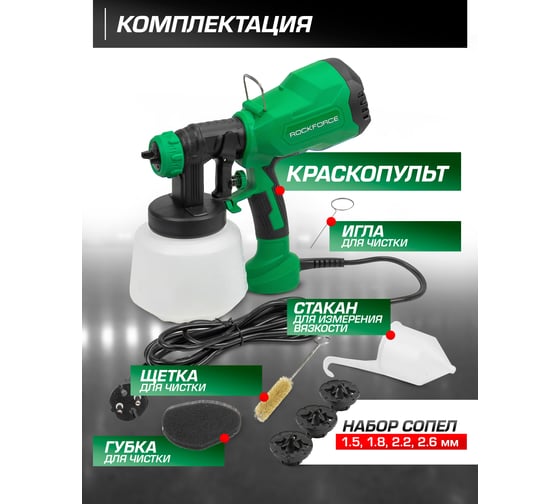 Электрический ручной краскопульт Rockforce 230 В, 400 Вт, объем бачка 1 л, макс.расход краски 800 мл/мин RF-SG100-640H(59000)