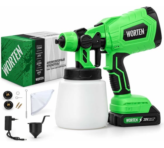 Аккумуляторный краскопульт, WORTEN 1х2 Ач, 120W 0,8л КА-90000336