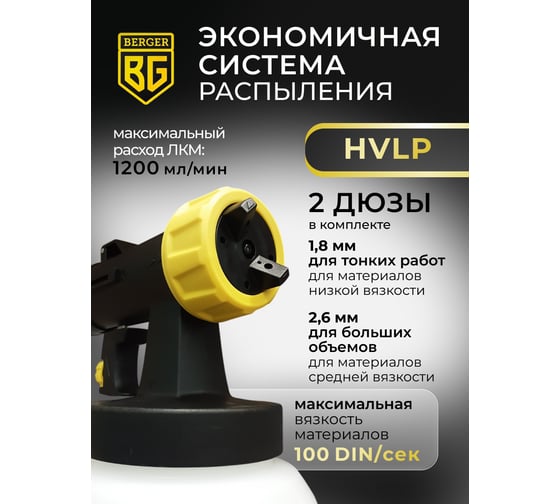 Электрический универсальный краскопульт BERGER Малер 550 ВТ, 1.2 л/мин BG1413