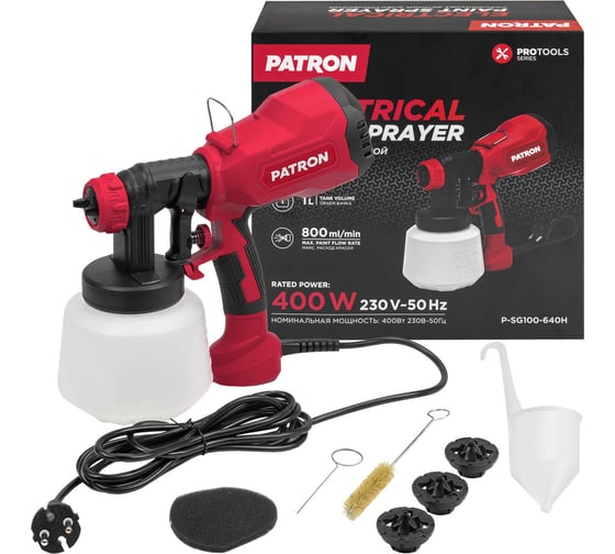 Краскопульт ручной электрический PATRON (230В, 400Вт, объем бачка 1л, макс.расход краски 800мл/мин) P-SG100-640H(65061)